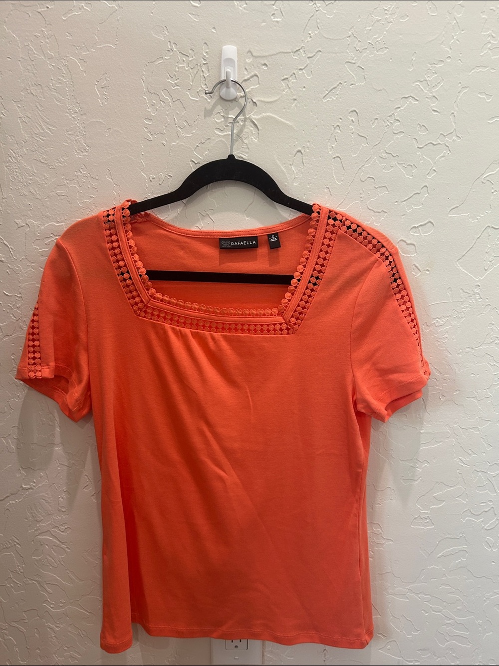 Rafaella Coral-Orange Crochet Trim Short Sleeve Top NWOT
